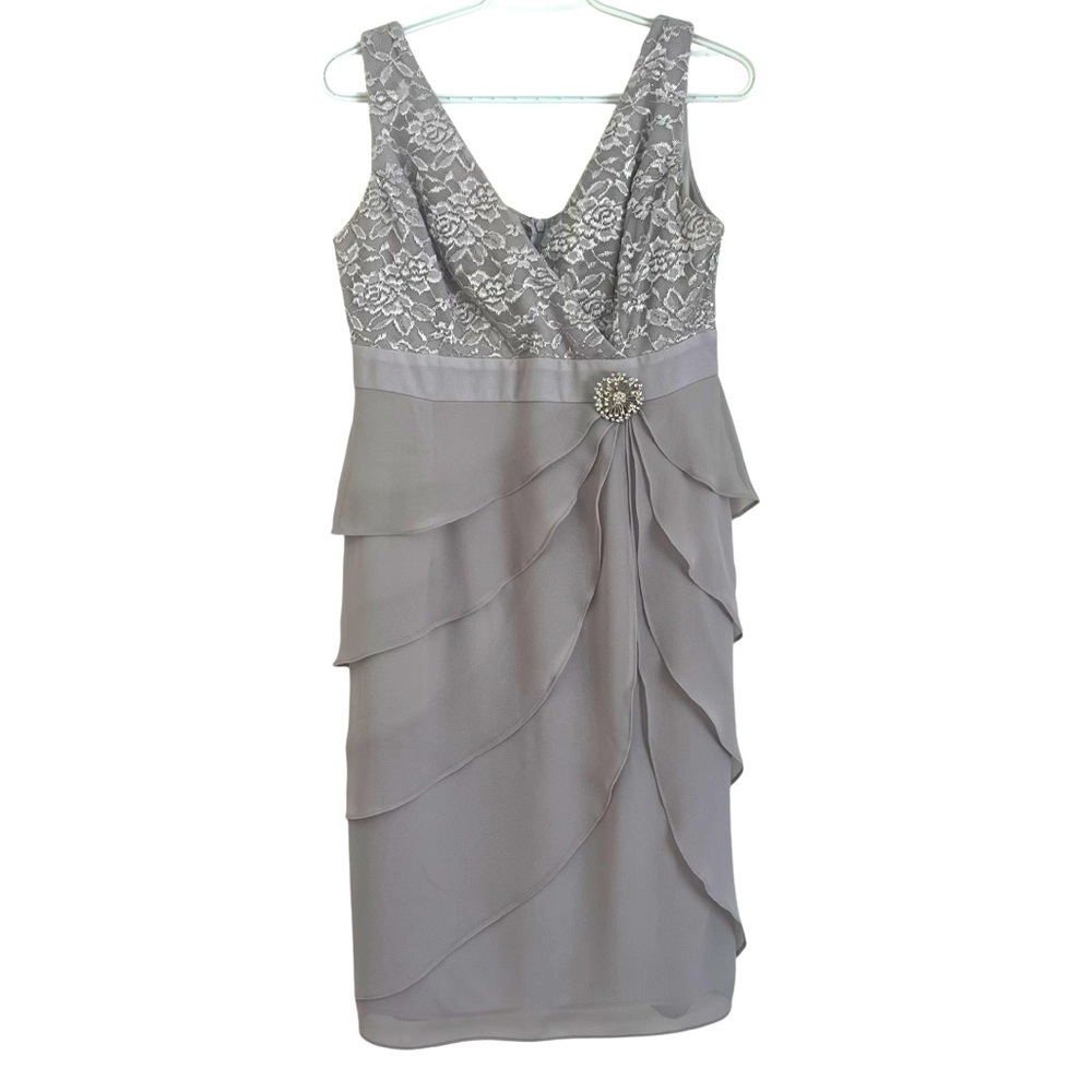 Silver Lace Chiffon Dress S Glam Formal Gown w/ Brooch Mother of the Bride Prom